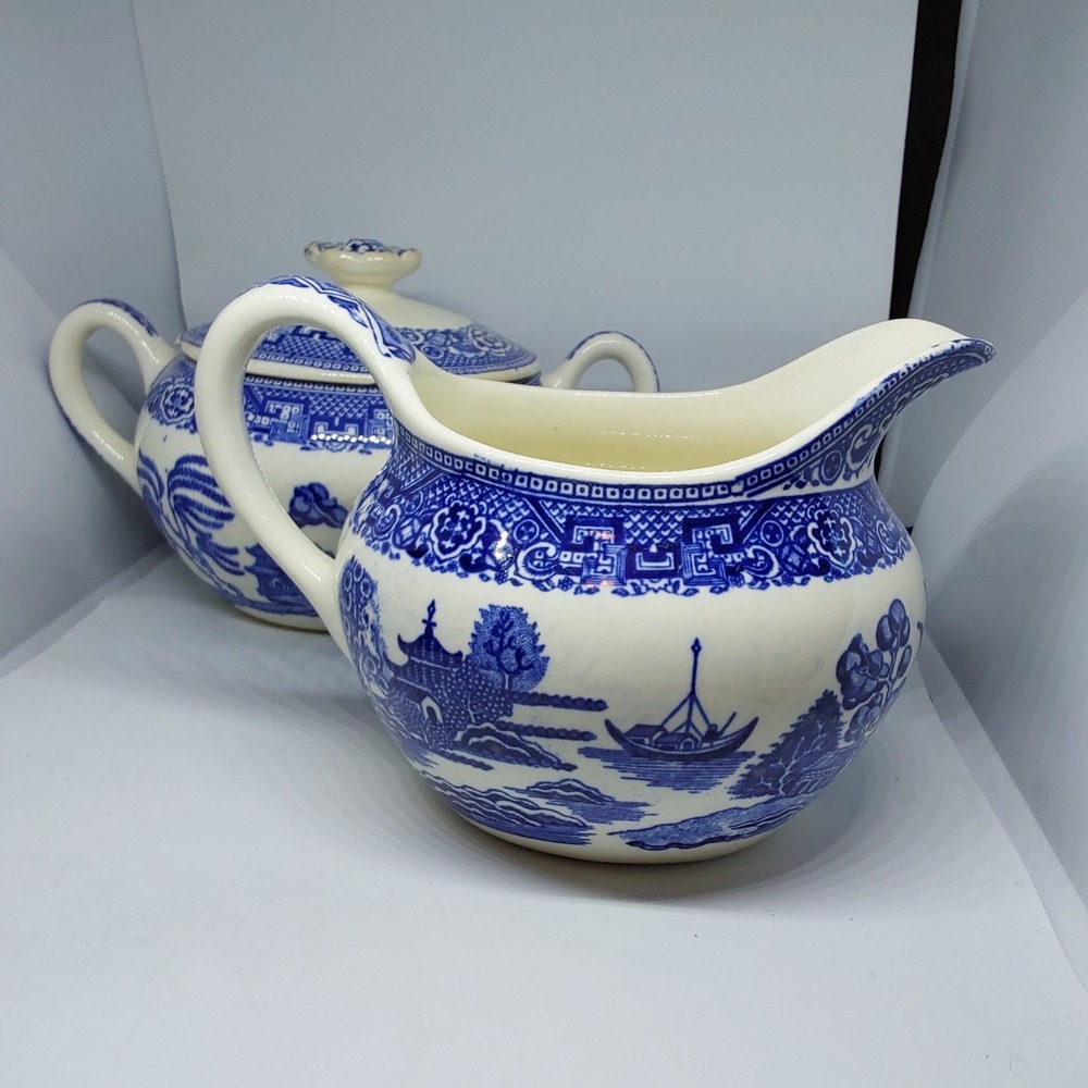 VTG Delft Blue &‎ White Sugar Bowl With Lid And Creamer Pitcher Set